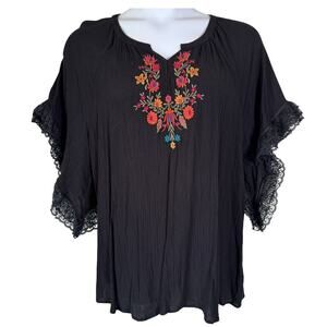 Caffe Marrakesh Black Embroidered Peasant Top Sz 2X Rayon Lace Boho Hippie